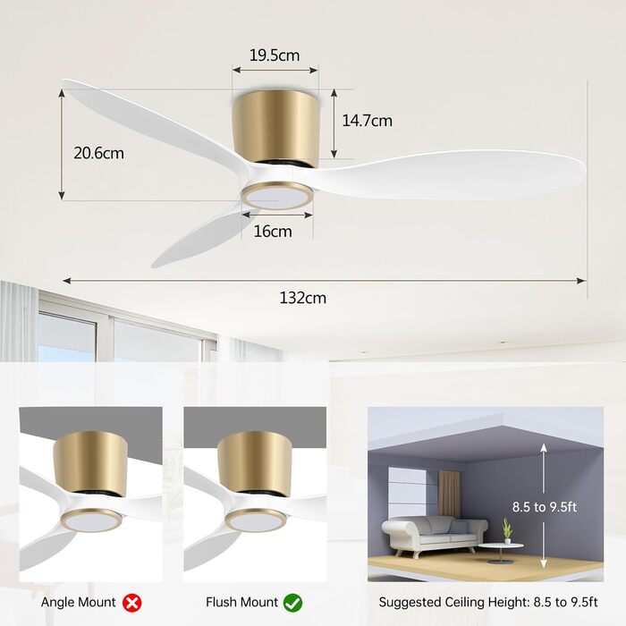 Ovlaim Стеля-вентилятор з підсвічуванням та пультом дистанційного керування, Smart вентилятор, зимовий режим, DC мотор, сумісний з Alexa/Google Home, 142 см (кришка, біле золото)