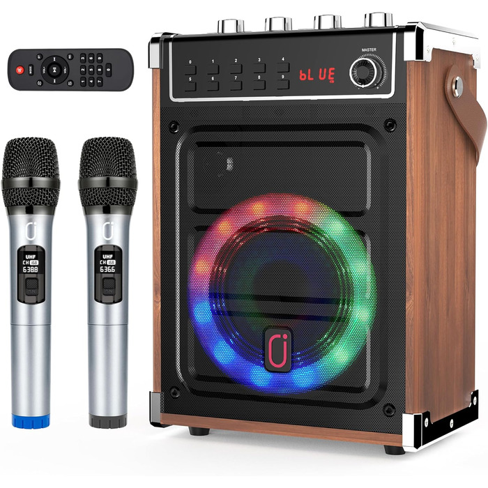 Караоке-машина JYX з 2 UHF-мікрофонами, Bluetooth, LED-підсвічуванням та підтримкою PA-системи, AUX, FM, Rec - (Бронза)