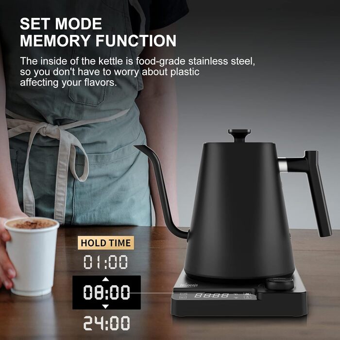 Електричний чайник-заварник зі сталевим гусячим носиком, 1л, 1200Вт, з регулюванням температури та функцією підігріву 24 години, чорний
