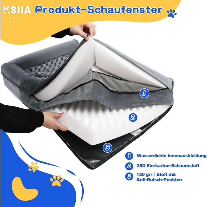 KSIIA Orthopedic Dog Bed for Large Dogs, 105x70x18cm, Removable and Washable Cover, XL Dog Couch with THREE Raised Edges, Non-Slip Bottom, Egg Crate Foam Dog Basket, Grey