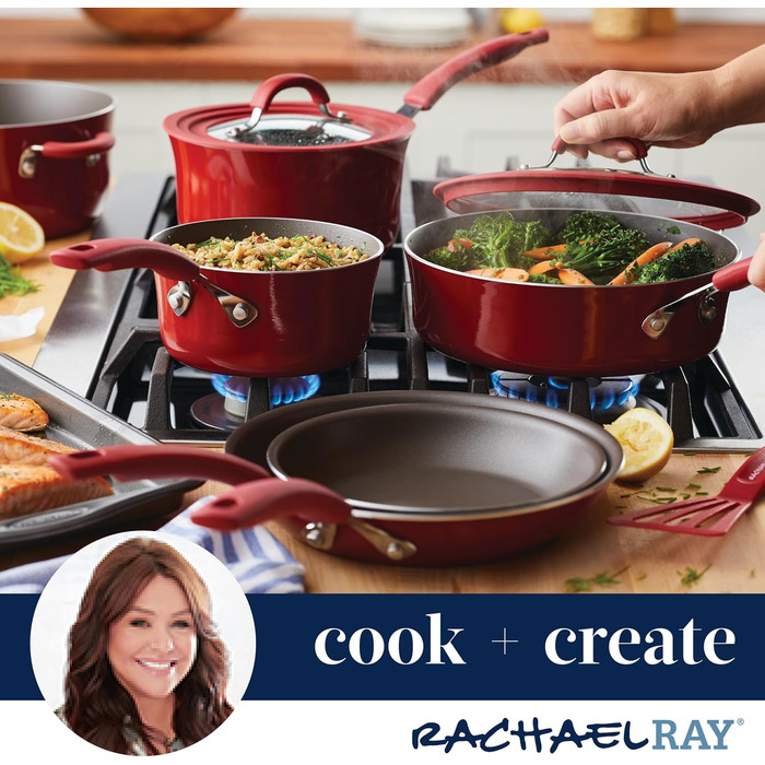 Набір кухонного посуду Rachael Ray Cook + Create, 10 предметів, антипригарне покриття, Agave (червоний)