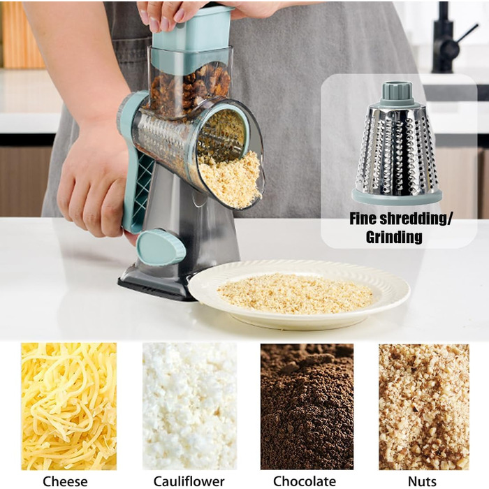 Ручна тертка для сиру та овочів з ручкою: набір з 3 змінні леза з нержавіючої сталі, сива/аква