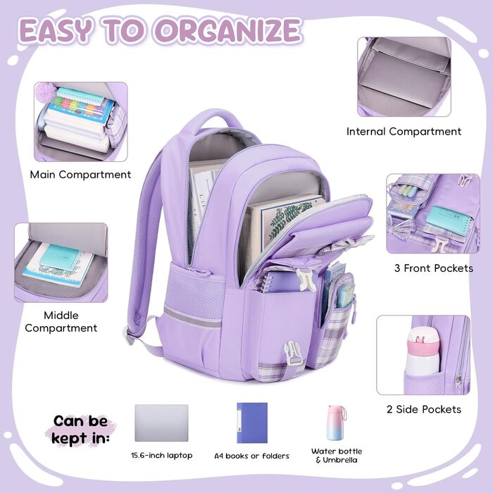 Шкільний набір для дівчаток: рюкзак, ланч-бокс, пенал. 3-ий клас, 4-5 клас, фіолетовий колір