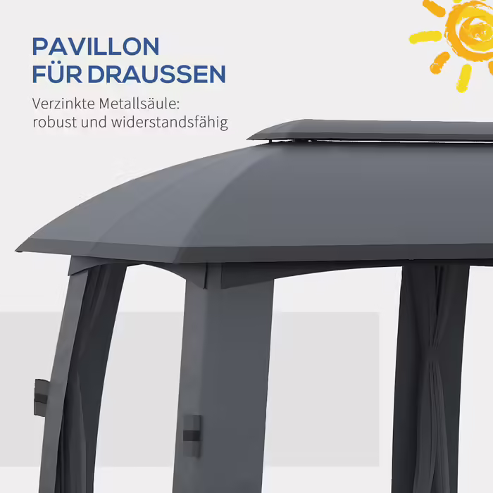 Outsunny Garden Pavilion 3 x 6 m Party Tent with Double Roof & Side Walls, Mosquito Nets for up to 15 People, Galvanized Metal, Dark Grey