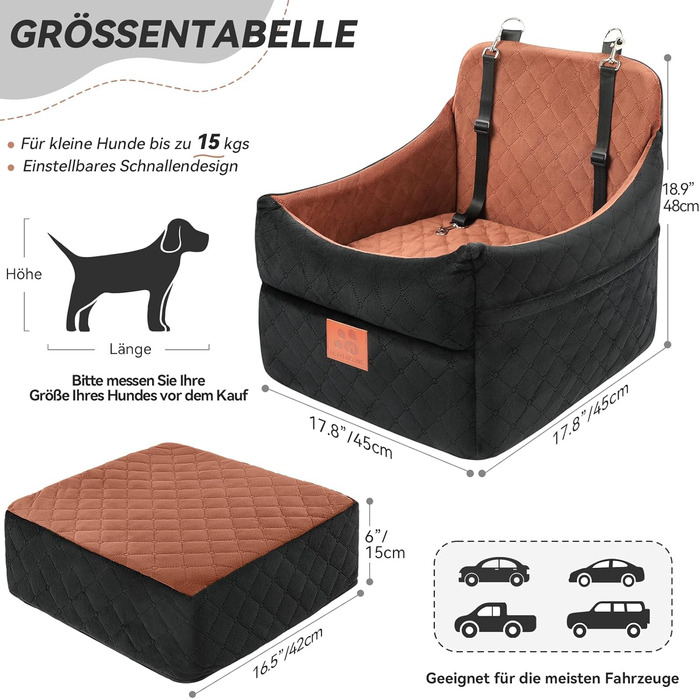 Автокрісло для собак GL GLENSLAVE: комфортне та безпечне автокрісло для маленьких та середніх собак (до 16 кг), чорний/коричневий колір, знімний та миючий чохол