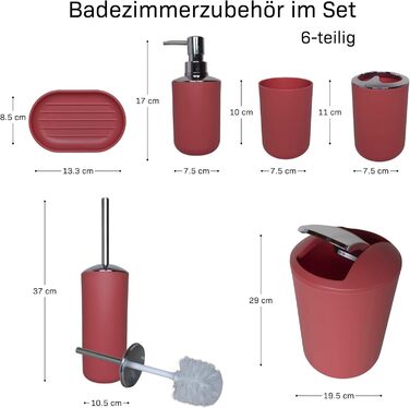 Набір аксесуарів для ванної кімнати 6 предметів, пластик, червоний: туалетний набір, кошик для сміття, стакан для зубних щіток, мильниця, дозатор для мила, декор