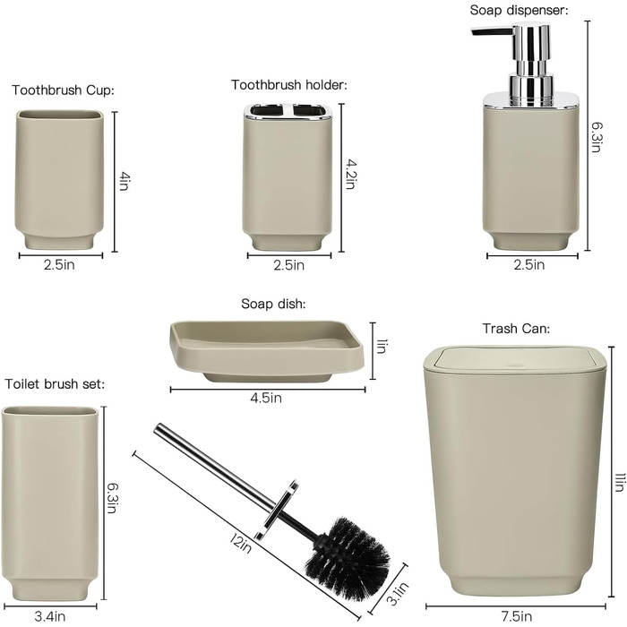 Сучасний набір для ванної кімнати на 6 предметів (білий) з дозатором для мила, тримачем для зубних щіток, мильничкою, щіткою для унітазу, сміттєвим відром та склянкою (кава)