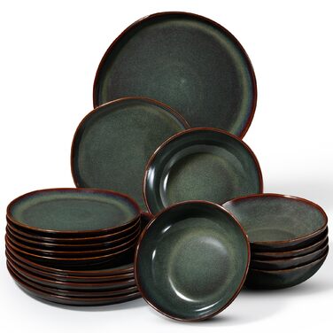 Набір посуду на 6 осіб Onader, 18 предметів: тарілки для сніданку, десерту та обіду, стегонна посуд, мікрохвильова піч, реагуючий мох зелений