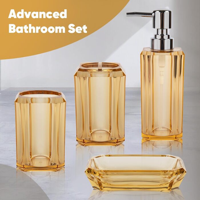 Набір аксесуарів для ванної кімнати з акрилу преміум-якості (4 шт.): дозатор для миючого засобу, диспенсер для лосьйону, мильниця, стакан для ополіскувача, стакан для зубної пасти (чорний/золотий)