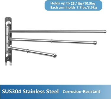 Тримач для рушників JSVER поворотний на 180°, з нержавіючої сталі 304, 3 висувні ручки до 50 см, для кухні, ванної кімнати, гардеробу, сріблястого кольору