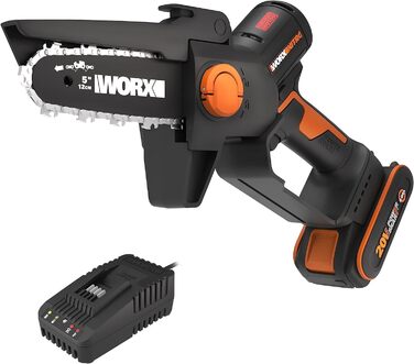 WORX WG325E Nitro Mini акумуляторна бензопила 20V, одноручна пила для гілок, Brushless двигун, 5650 об/хв, довжина різу 12 см, легка та компактна, автоматичне змащення ланцюга (з акумулятором 2Ah та зарядним пристроєм)