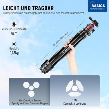 NEEWER Штатив для камери 169см, легкий, з кульковою головкою, Arca тип, тримач для телефону, максимальне навантаження 11lb, TP12