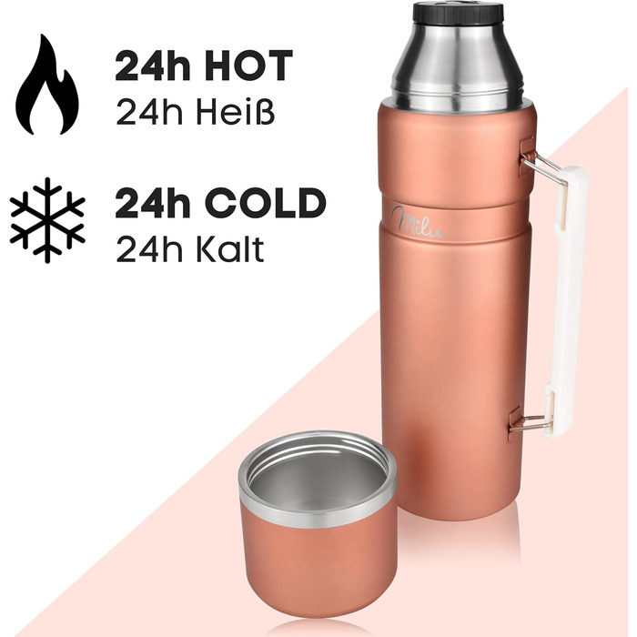 Термос Milu Thermoskanne 1L: ізольована фляга з нержавіючої сталі, 1000 мл, рожеве золото, з ручкою, подвійні стінки, 100% без витоку