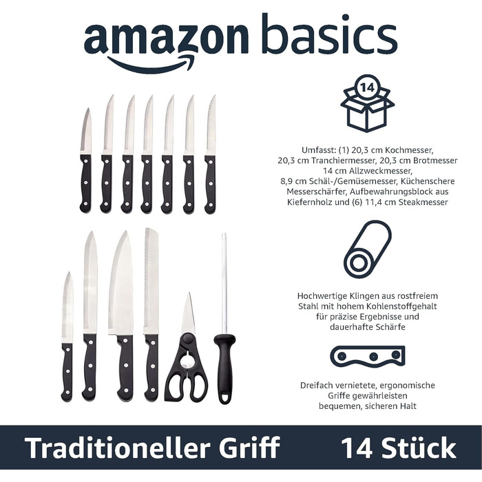 Amazon Basics Premium Knife Block Set - 9 Piece Black Kitchen Knife Set