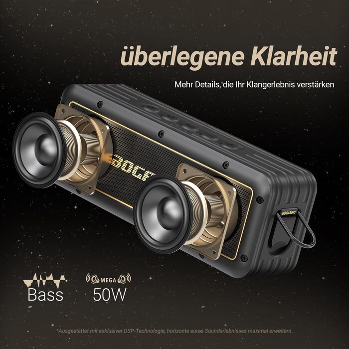 BOGASING G4 Bluetooth колонка 50W: Портативна водонепроникна колонка з глибоким басом, підтримкою TF-карти, AUX, Bluetooth 5.3, 24 години роботи
