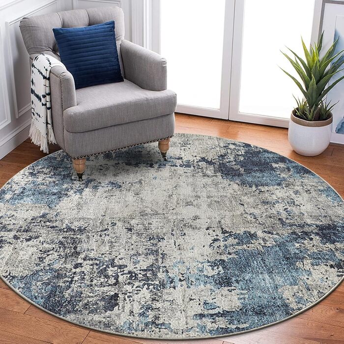 Кілимок для вітальні синього кольору, вінтажний, з ефектом розмиття, короткий ворс, килими, миючий, нековзний, для спальні (160 см, круглий, абстрактний синій)