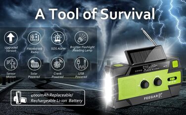 Радіо сонячне аварійне Feegar Oze 2 Pro з ручним заводом, AM/FM, ліхтарик LED, SOS, Powerbank 4000mAh