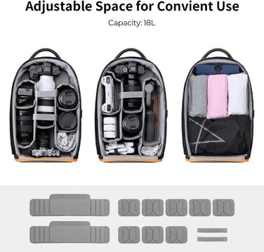 Рюкзак для фотографа K&F Concept, водонепроникний, для DSLR/SLR, об'єктивів та аксесуарів, чорний+оранжевий, 18L