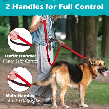 Тактична повідок для собак PetBonus Heavy Duty, 1,5м, еластична, з двома м'якими ручками, страхувальний ремінь для авто, навчальна повідок No Pull для великих та середніх собак (Армійний зелений, Червоний)