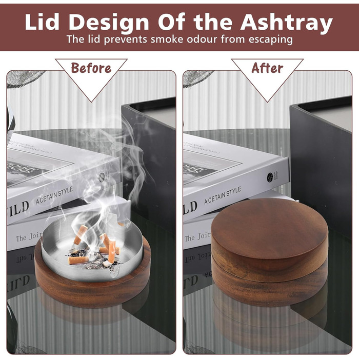 Аschenbecher Für Draussen Mit Deckel Und Edelstahleinsatz, Geruchsdicht Aus Holz, Balkon Windgeschützt Aschenbecher Für HomeOffice Garten Bar Restaurant Draußen Drinnen Dunkles Walnussholz -> Дерев'яний попільничка для вулиці з кришкою та вставкою з нержа