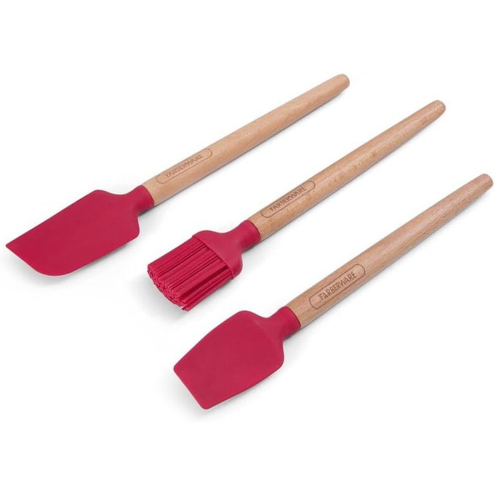 Farberware Wooden Baking Set, including mini baking brush, slotted spatula, perfect for sweet and savory dishes, 3-piece set, red