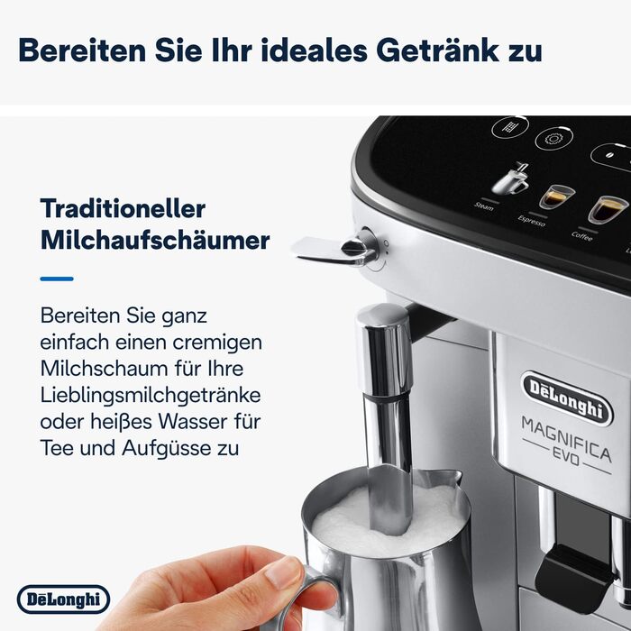 De'Longhi Magnifica Evo ECAM 292.33.SB Fully Automatic Coffee Machine with Milk Frother, 5 Direct Buttons for Espresso, Coffee, and Specialty Coffees, Intuitive Control Panel, 2-Cup Function, Silver/Black