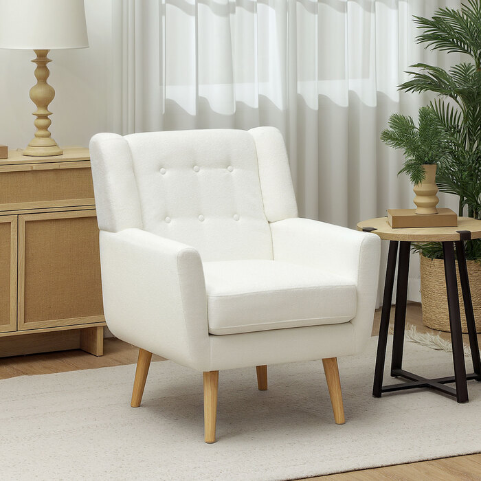 HOMCOM Armchair Living Room Wingback Chair Upholstered Tufted Lounge Chair Recliner with Teddy Fleece Look, Wooden Legs, Upholstered Chair for Bedroom, White | Aosom
