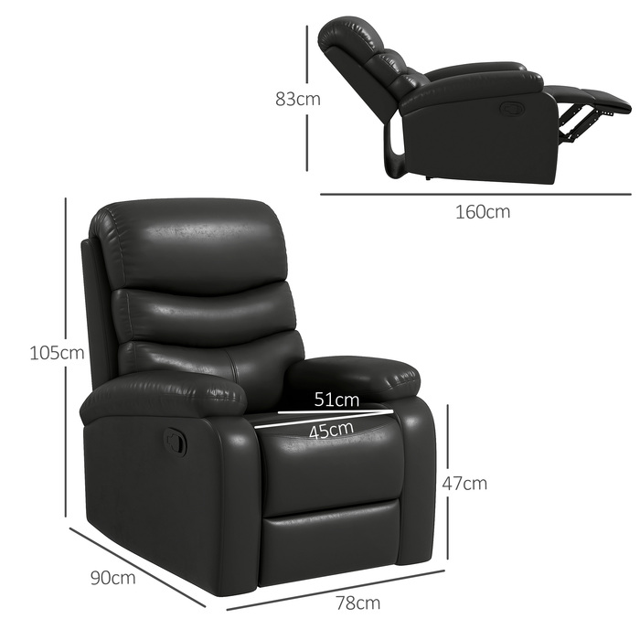 HOMCOM TV Recliner Chair with Reclining Function, 145° Recline, Footrest, Weight Capacity up to 125 kg, Foam, Faux Leather, W78 x D90 x H105 cm, Black | Aosom