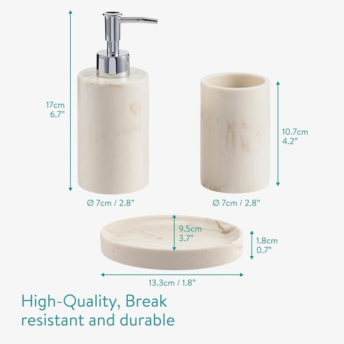 Набір для ванної кімнати Navaris: дозатор мила, стакан для зубної пасти, аксесуари для ванної кімнати (3 шт.) - штучний камінь, бежевий