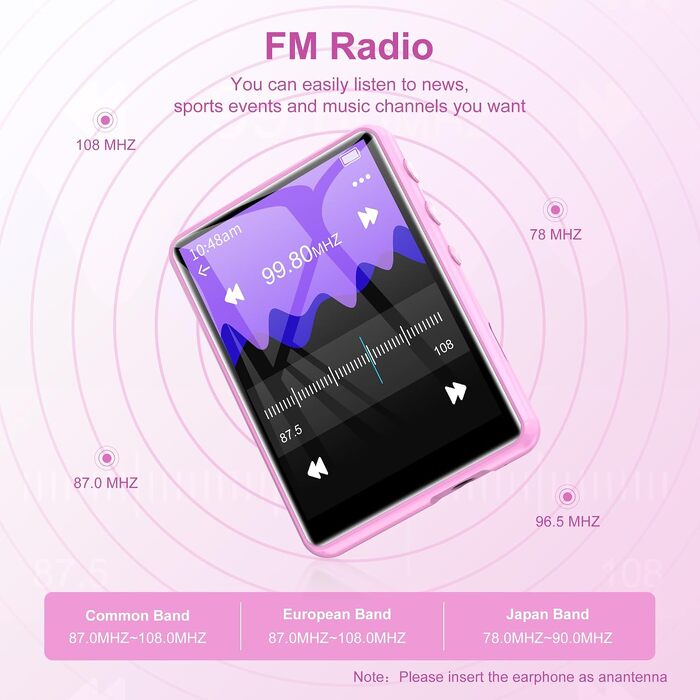 MP3 плеєр SWOFY з Bluetooth 5.3, 64ГБ, HiFi звук, вбудований динамік, FM-радіо та диктофон, 2.4
