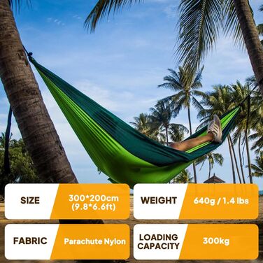 Гаммак для кемпінгу NATUREFUN Ultraleicht | 300 кг, 300x200 см, дихаючий, швидковисихаючий, нейлон | 2 карабіни, 2 петлі | Зелений, для відпочинку на природі