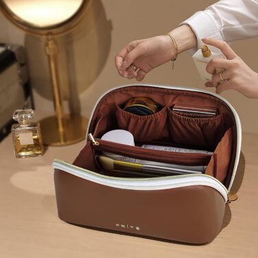 Косметичка велика містка для подорожей, водонепроникна з PU-шкіри, з прозорими роздільниками та ручкою (M, темно-коричнева)