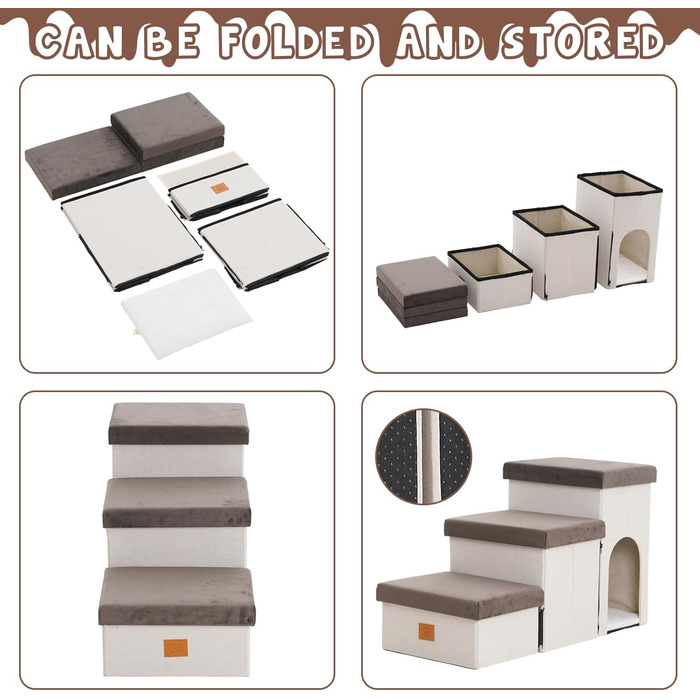 Сходинки для собак на 3 сходинки, 44 см, з місцем для зберігання, для ліжка/софи, для котів, для літніх тварин, губка, хатня тварина, бежевий колір