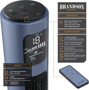 Турбовентилятор Brandson з пультом керування, 96 см, 45W, 3 швидкості, блакитний/графітовий
