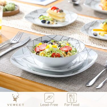 Набір посуду VEWEET 'Serena' з порцеляни, 24 елементи | 6 тарілок для сніданку, десерту, обіду та супу | Сервіз для 6 осіб, ресторану, сім'ї (білий)