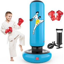 Дитячий боксерський мішок QPAU з рукавичками, надувний, 168 см, для хлопчиків та дівчаток 6-12 років, блакитний