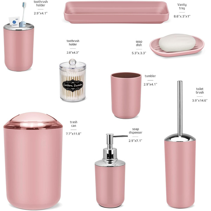 Набір аксесуарів для ванної кімнати IMAVO – 8 предметів (сірий) з відром, дозатором мила, мильницею, тримачем для зубних щіток, тримачем для унітазного йоржика, контейнером для ватних паличок з етикетками (рожевий)