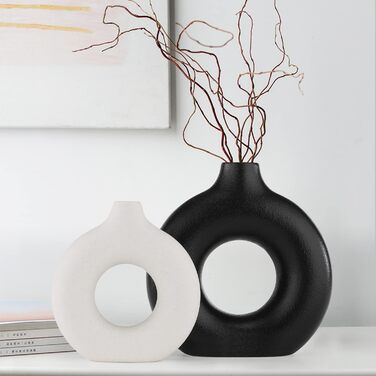 Набір ваз Sawoake Donut Ceramic Set 2 шт. для сучасного декору дому, круглі матові вази для пампасной трави, нейтральний бохо, скандинавський мінімалізм, чорний та білий колір