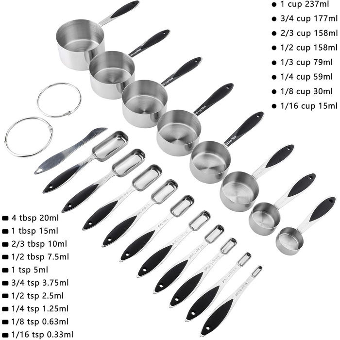 Stainless Steel Measuring Cup and Spoon Sets, Measuring Cups, Spoons, and Measuring Ruler for Dry and Liquid Ingredients, 19-Piece Set