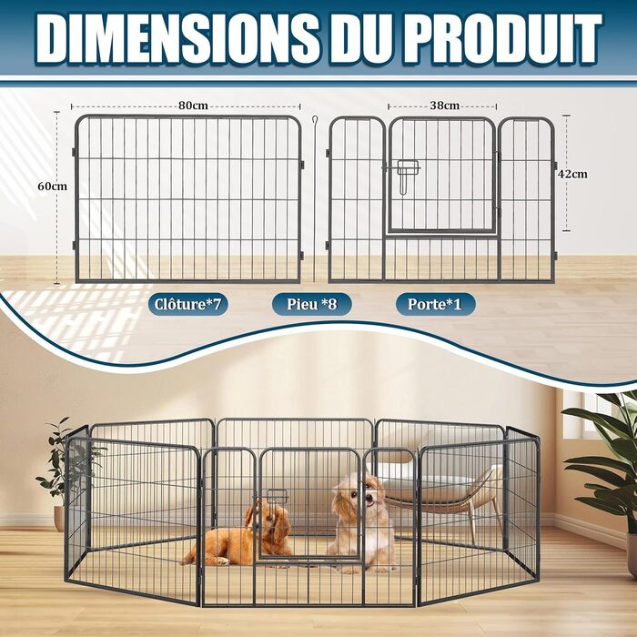 Загін для собак, комплект з 8 панелей, 80x60 см, зона відпочинку для собак та домашніх тварин, для дому та вулиці
