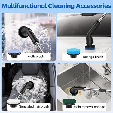 Електрична щітка для чищення ванни та душової кабіни, 7 насадок, бездротова, з висувним ручками, для ванної, кухні та авто (чорна)