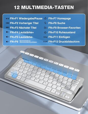 Бездротова клавіатура та миша TECKNET QWERTZ, 2.4 GHz, 15м, тиха, для ПК, ноутбука, Smart TV, білий/сріблястий