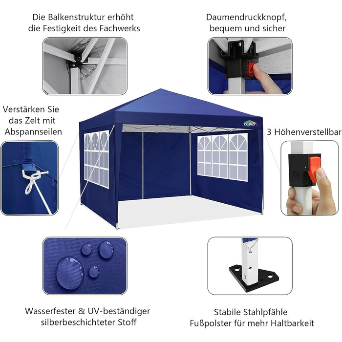 COBIZI Pavilion 3x3 Waterproof Folding Pavilion with 4 Side Panels Outdoor Folding Pavilion Stable UV Protection 50+ Pop-Up Garden Pavilion Party Tent for Outdoors, Garden, Party, Wedding, Market (3x3m Navy Blue)