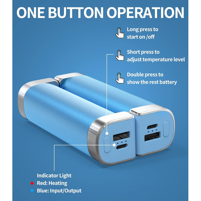 Електричні грілки для рук 5000mAh (2 шт.) - багаторазові, для активного відпочинку, дитячі, зимовий подарунок для жінок, чоловіків та дітей (блакитні)