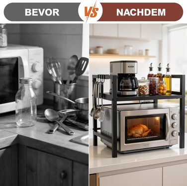 Розширювана полиця для мікрохвильової печі Ribelli, 2 яруси, сталева, з 3 гачками, чорна