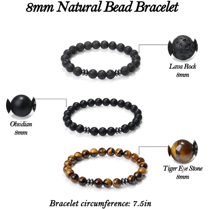 Чоловічі браслети з натурального каміння: тигрове око, чорний лава, онікс. Набір з 3-4 браслетів. Чудовий подарунок для чоловіків.
