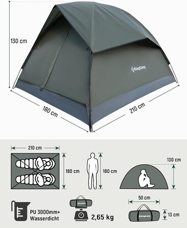 Намет KingCamp 2-3 особи, водонепроникний 3000мм, легкий кемпінговий намет з великим козирком та світловідбиваючими мотузками, купольний намет для туризму, саду, відпочинку 210x180x130см (Зелений)