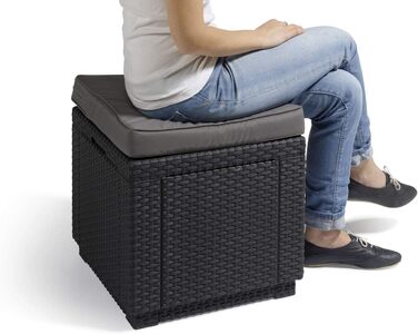Табурет Allibert Cube з місцем для зберігання, коричневий, подушка, знімна кришка, плоский ротанг, для вулиці, 42x42x39 см