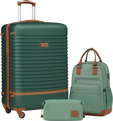 COOLIFE Luggage Suitcase Travel Suitcase with ABS Hard Shell, 4 Spinner Wheels, TSA Lock. The suitcase includes 1 Travel Backpack and 1 Toiletry Bag (White/Brown, Large 3-Piece Suitcase Set) (Medium 3-Piece Suitcase Set, Dark Green/Brown)