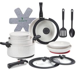Набір посуду ROSSETTO 23 предмета з знімними ручками та керамічним антипригарним покриттям, складається для зберігання. Включає: каструлі, сковорідки, сотейники, казани. Без PFOA та PFOS.